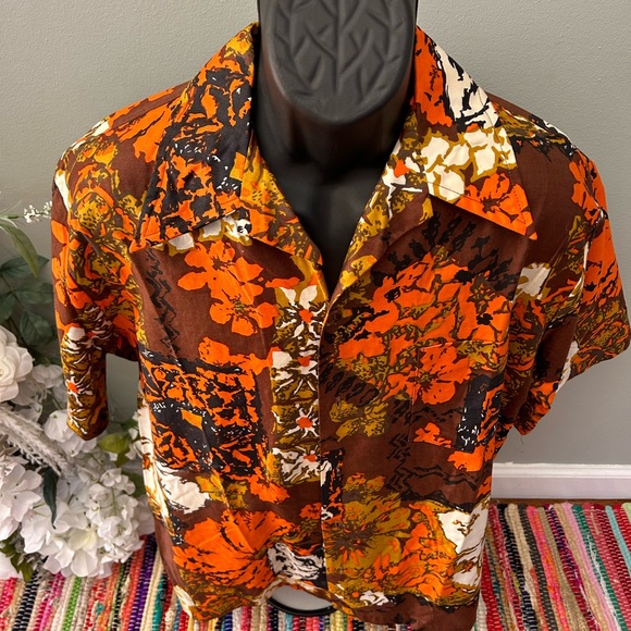 80s Hawaiian Tropical Button Up Aloha Shirt Flower Tribal Vintage Orange Large - Picture 3 of 7